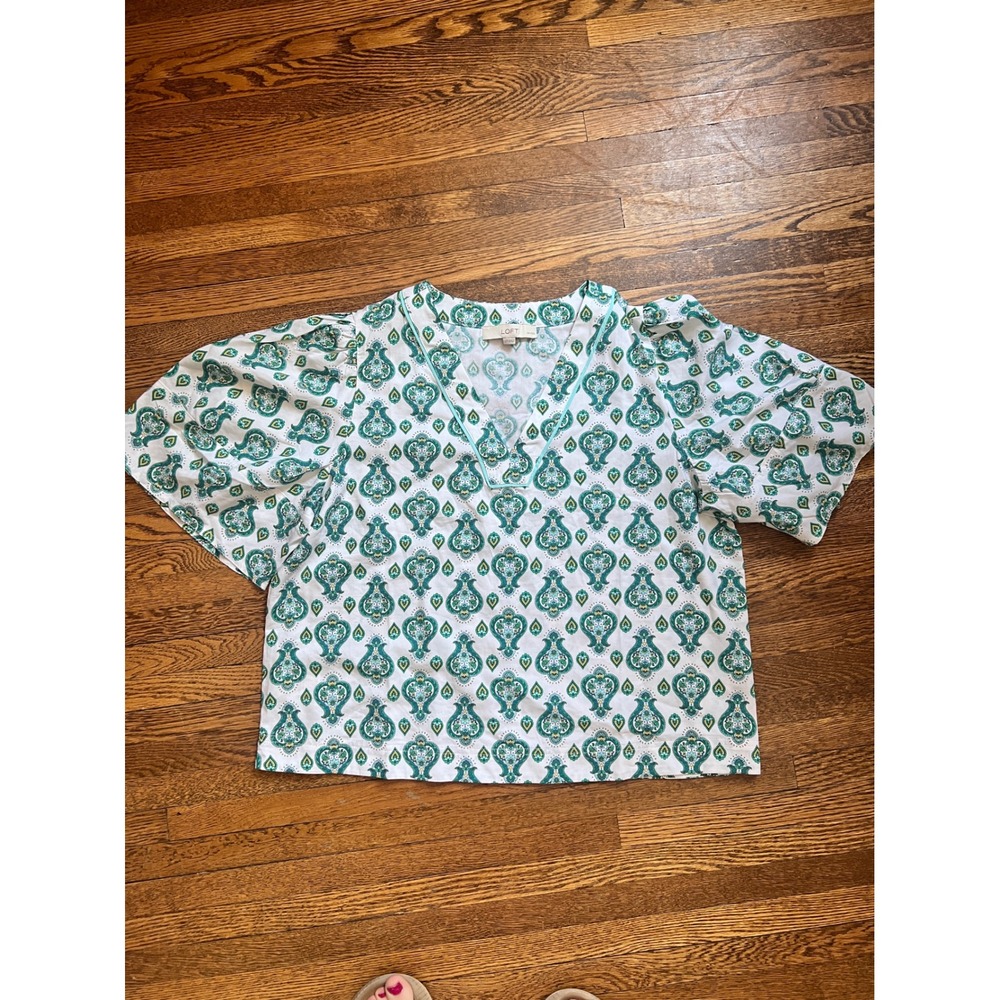 LOFT Petites Green Paisley Medallion‎ V-Neck Puff Sleeve Blouse Top LP